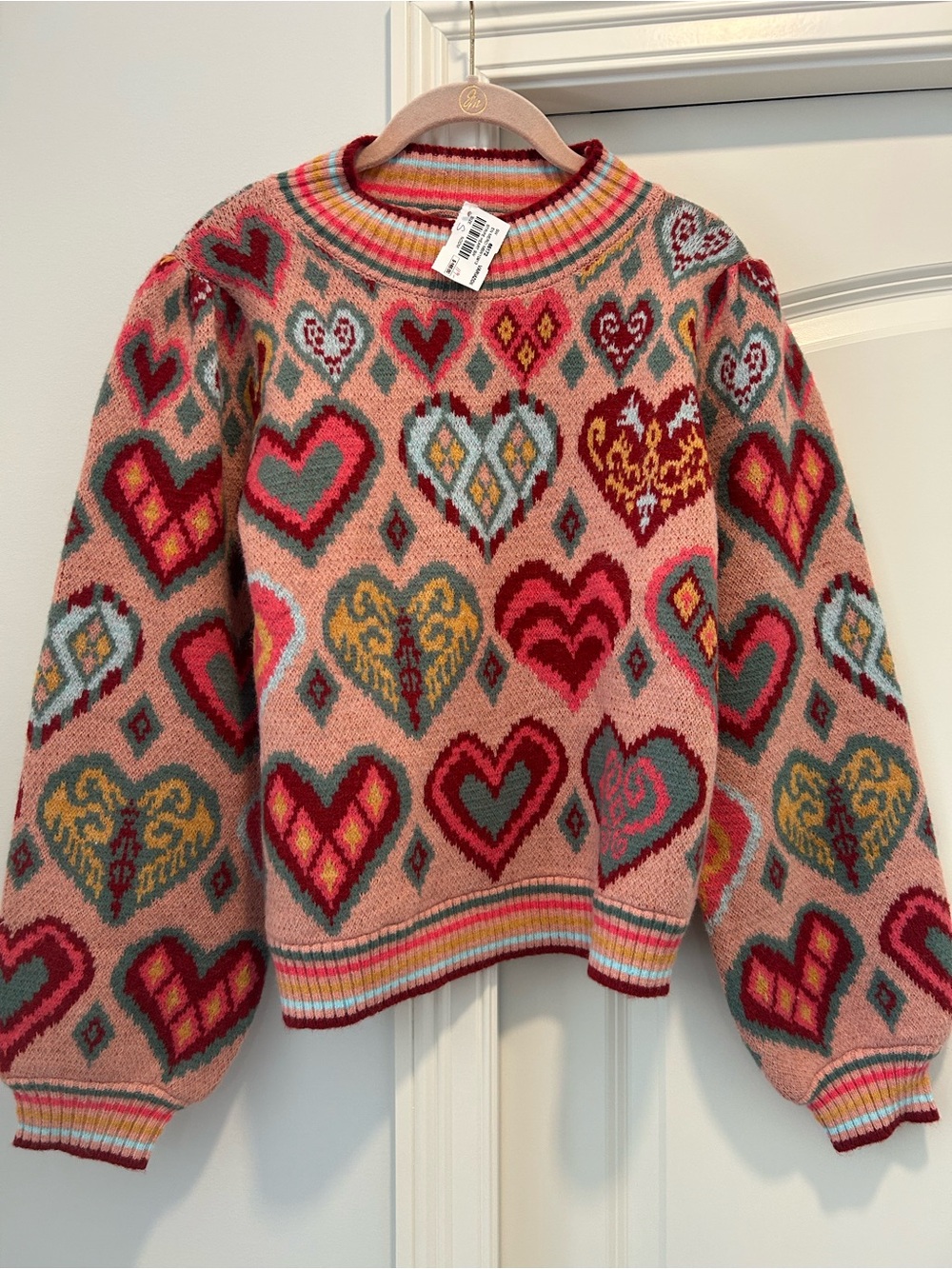 Heart Pattern Crewneck Sweater - Pink Multicolor